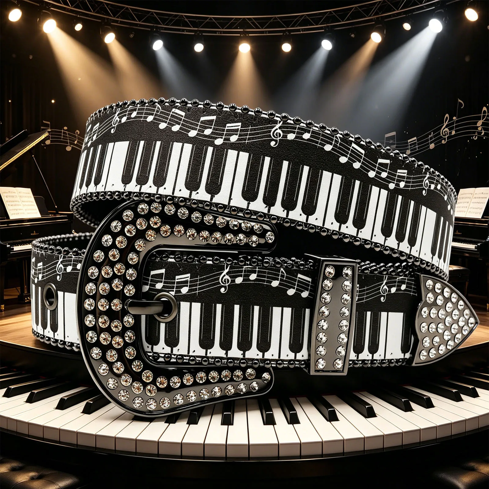 

Y2K Punk Bling Rhinestone Belt, Classic Black White Piano Keyboard Musical Score Print Decorative Waist Strap for Daily Wear