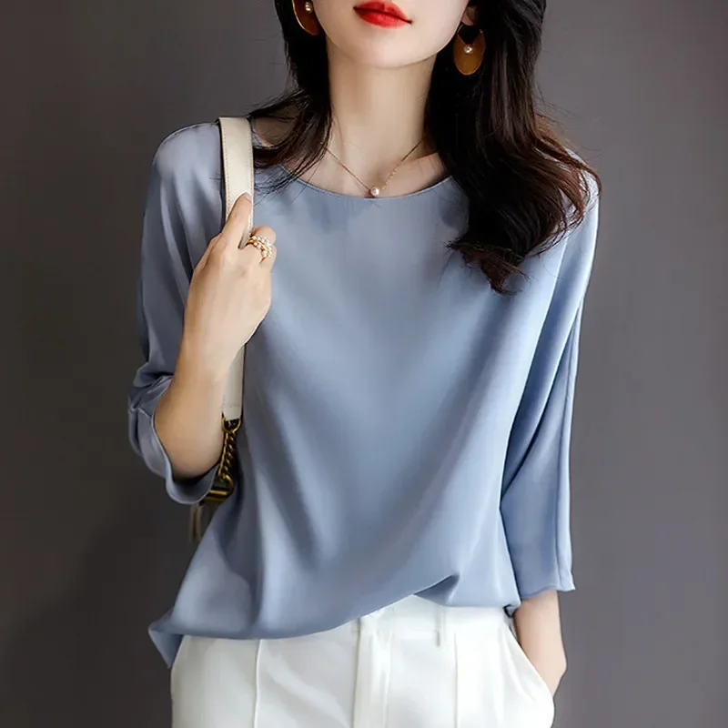 Goddess Feel Early Autumn Women Silk Top Long Sleeve Top Smooth Elastic Satin Loose Double Sided Silkworm Women\'s Silk Shirt