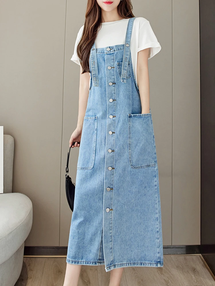 2023 New S-5XL Denim Tank Top Dress Women's Fashion Loose Comfort Summer French Retro Large Pocket Strap Dress