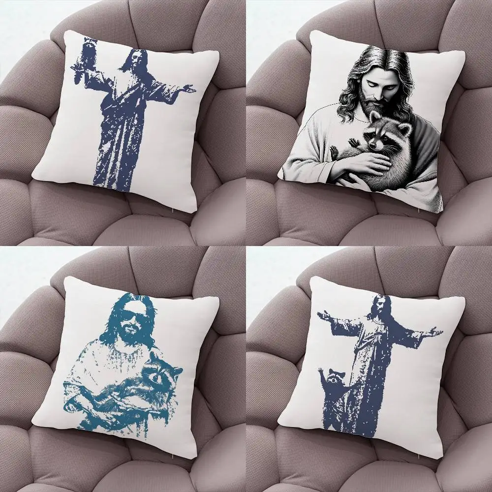 

Jesus Raccoon Pillow Case Silky Short Plush With Invisible Zipper Dustproof Sofa Cushion Cover For Home Decor