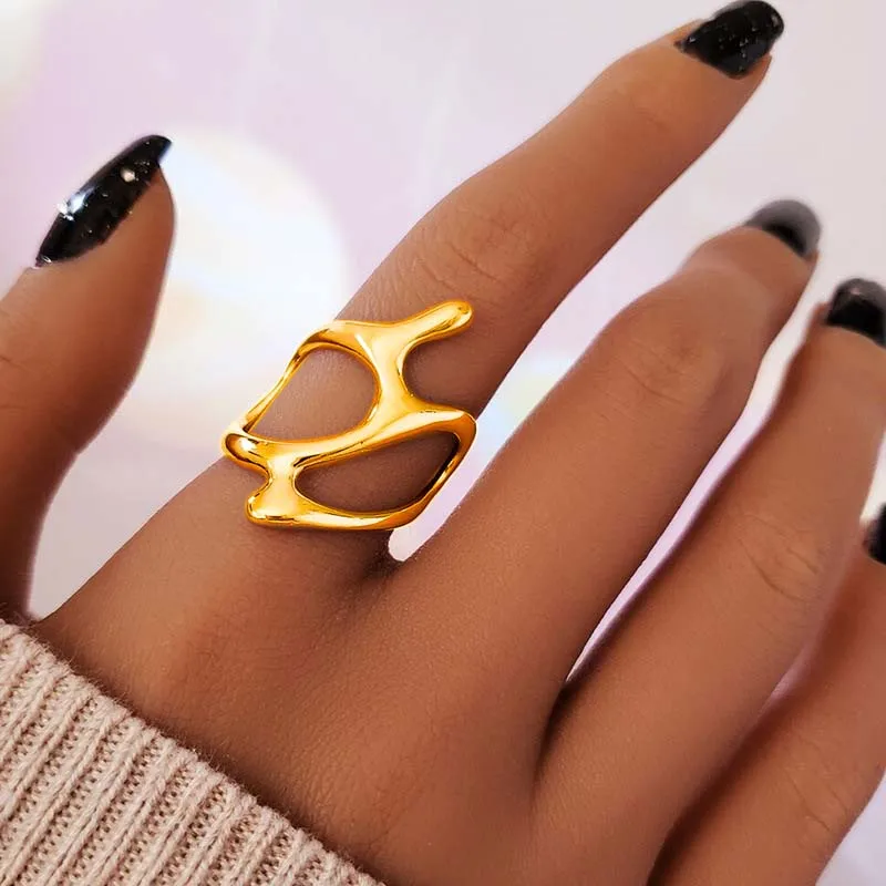 Punk Geometric Irregular Liquid Lava Waterdrop Shaped Open Rings For Women Vintage Silver Color Metal Rings Personality Jewelry