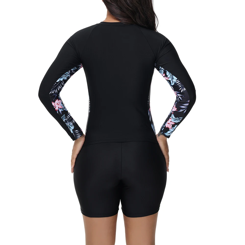 Two Pieces Women Sports Swimsuits Long Sleeve Print Floral Swimwear with Zipper Female Summer Bathing Surfing Suit Boxer Shorts