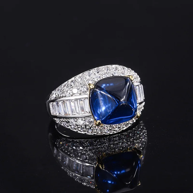 S925 Silver Imitation Colorful Treasure Emerald Blue Treasure Sugar Tower Full Set Ring Main Stone 10 * 10