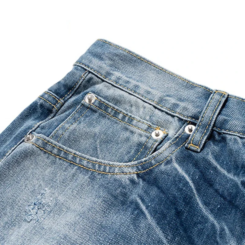 【Mirrordust】 بنطال جينز أزرق ممزق متوهج على الموضة من قماش الدنيم فضفاض فاخر مصمم ملابس الشارع بنطلون جينز #3