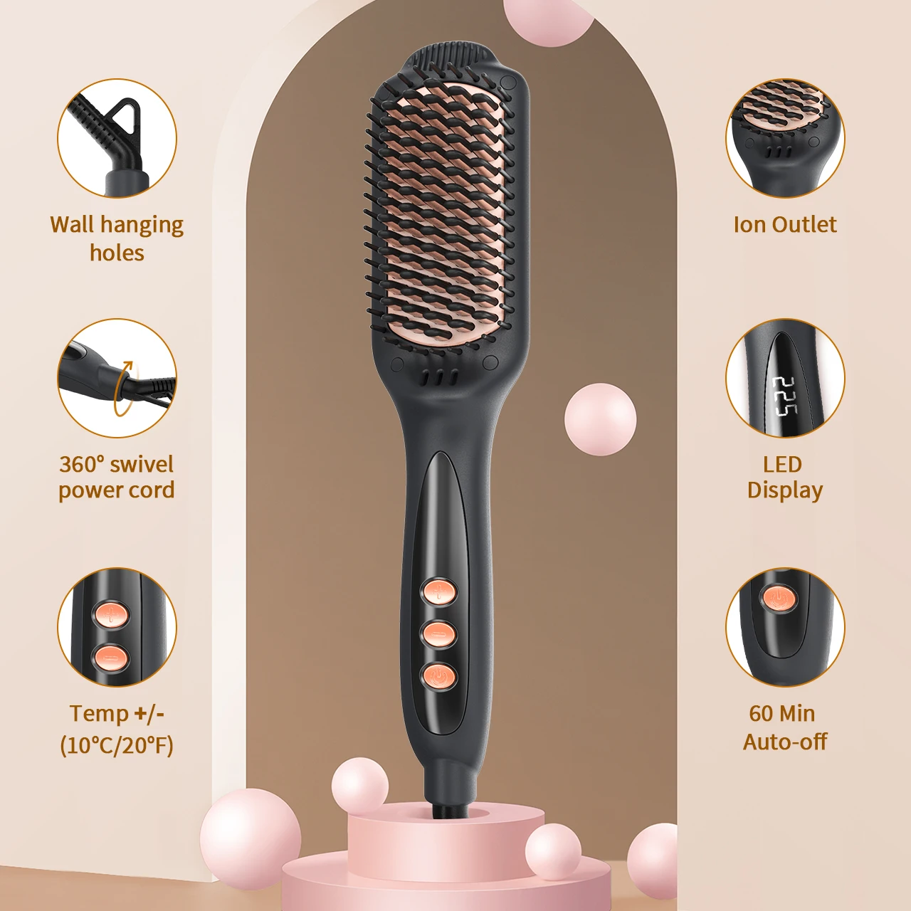 LANDOT Hair Straightener Brush, Heated Hot Comb Straightening Brush for Women with 12 Temps 20s Fast Heating & Dual Voltage