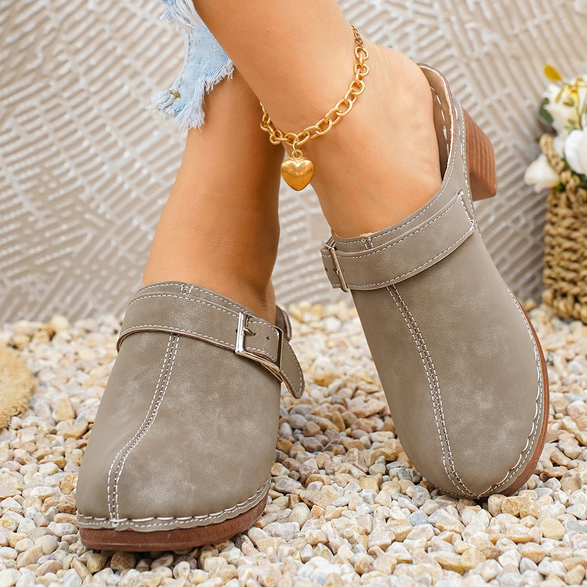 Damen Mules Pantoletten mit hohem Blockabsatz, geschlossene Zehenpartie, zum Hineinschlüpfen, Vintage, Sommer, lässig, bequeme Gehschuhe – Detail 1