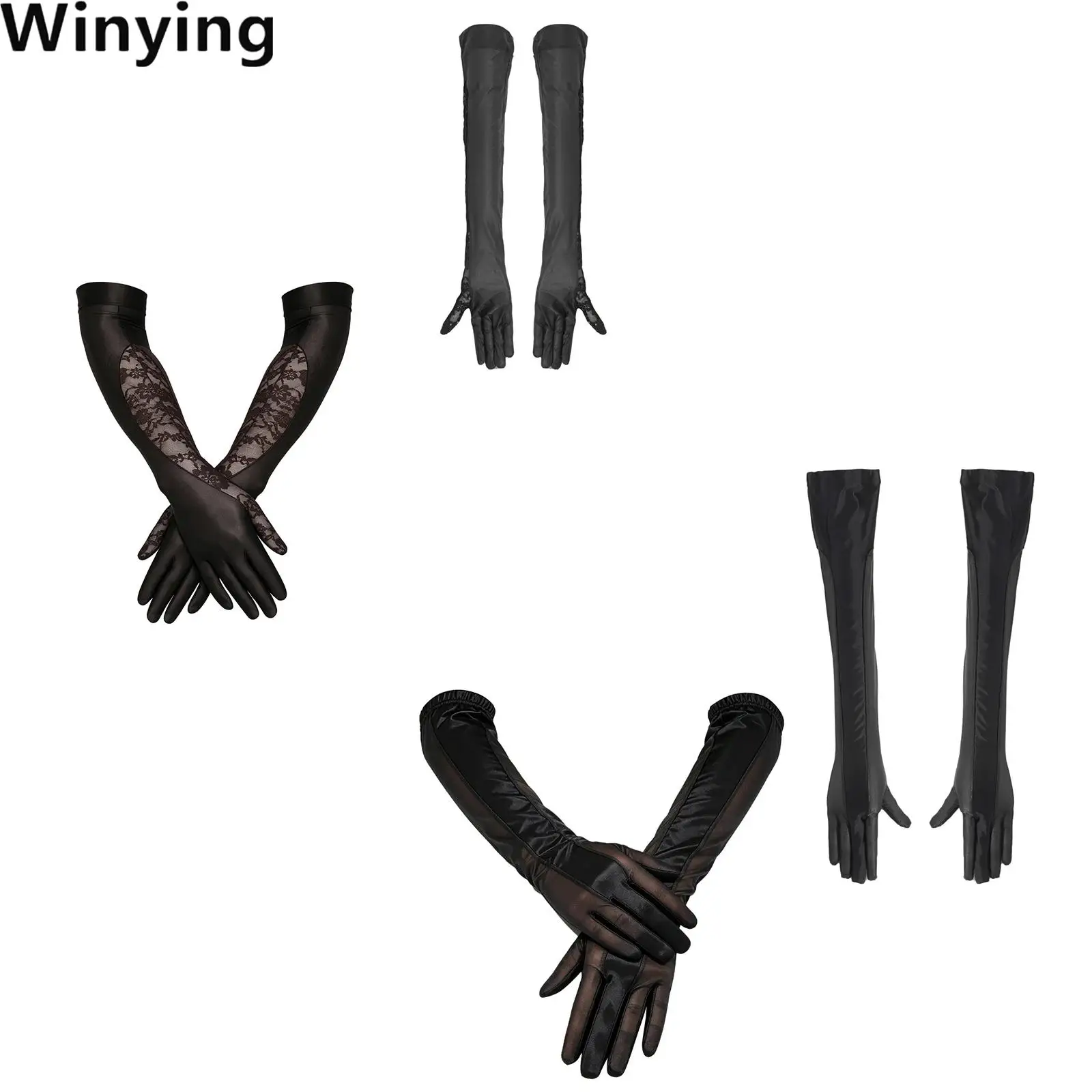 Glossy Gloves Sheer Mesh/Floral Lace Patchwork Full-finger Stretchy Mittens Elbow-length Gloves Arm Covers for Opera