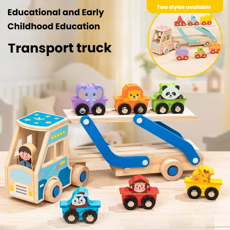 مونتيسوري الحيوان سيارات شاحنة طفل لعب خشبية قابلة للطي المسار مقطورة لعبة بطاقة مطابقة لعبة تعلم لعبة محرك غرامة للأطفال