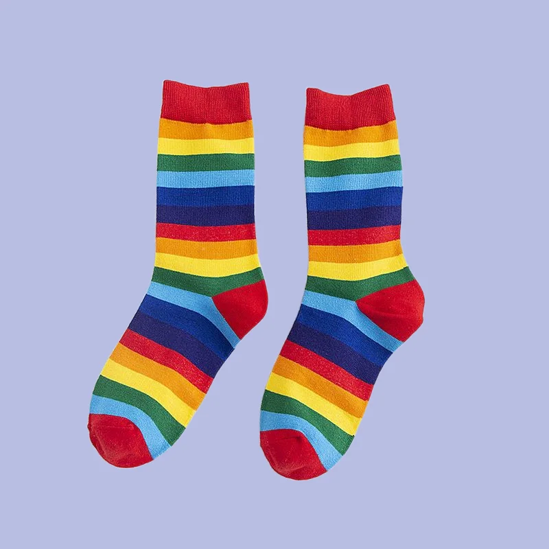 Chaussettes rayées en coton à tube moyen pour femmes, chaussettes colorées, chaussettes arc-en-ciel, tout match, super chaudes, haute qualité, étudiants, ins, 5/10 paires