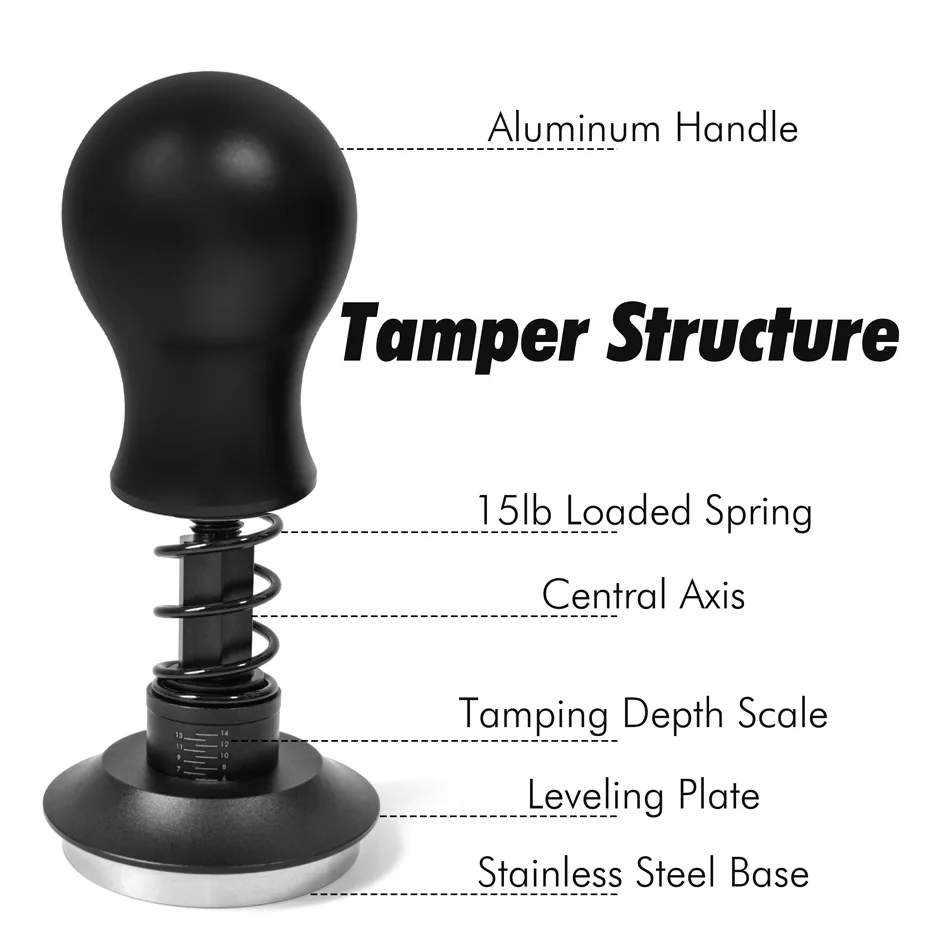 51mm 53mm 58mm Spring Loaded Coffee Tampers 15lb Rounded Handle 54mm Tamper Ripple Base Self Leveling Espresso Tamping Tool