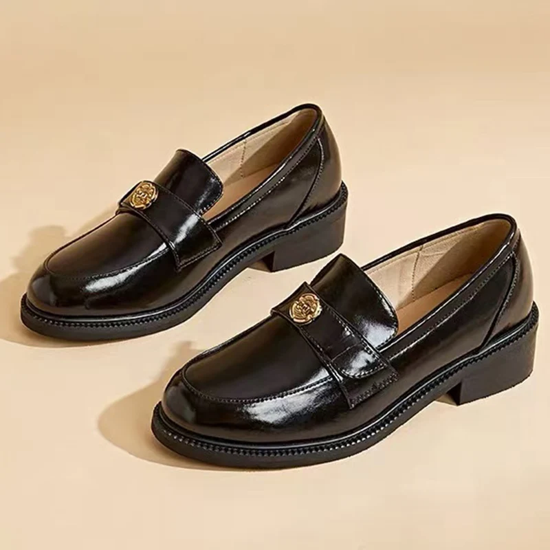

Women's luxury British Style Thick Heels Sole Loafers Soft Sole Round Toe Slip On Leather Comfortable Woman High Quality Shoes
