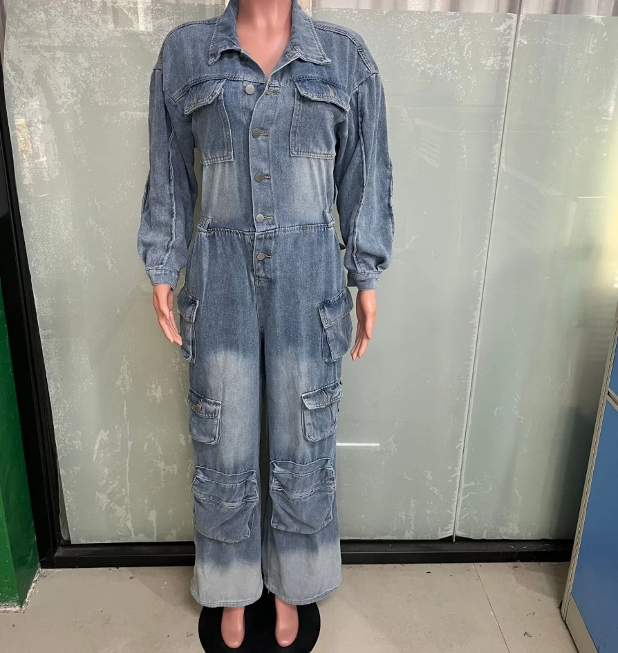 2026 Elegant New Fashion Work Pants Washed and Worn Denim Long Jumpsuit with Multiple Pockets and Wide Legs
