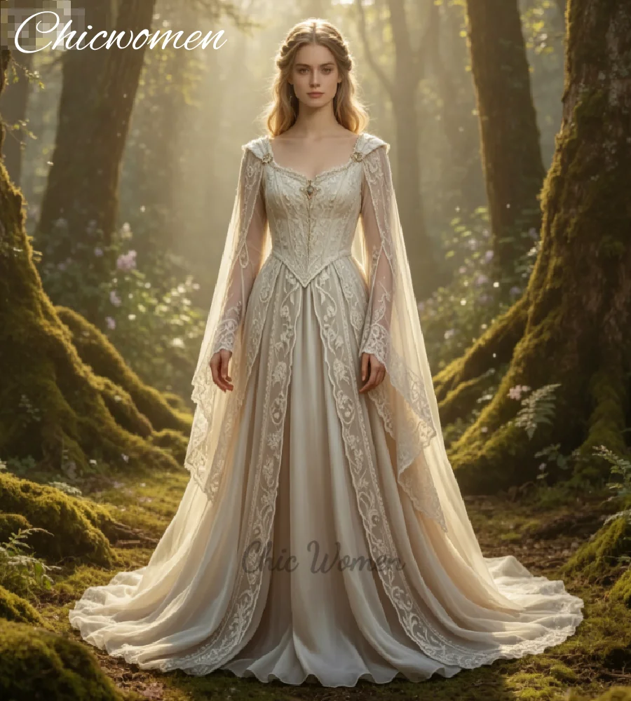 Ivory Lace Medieval Wedding Dress with Cape Sleeves Elven Renaissance Enchanted Forest Aesthetic Bohemian Bridal Gowns Fairycore