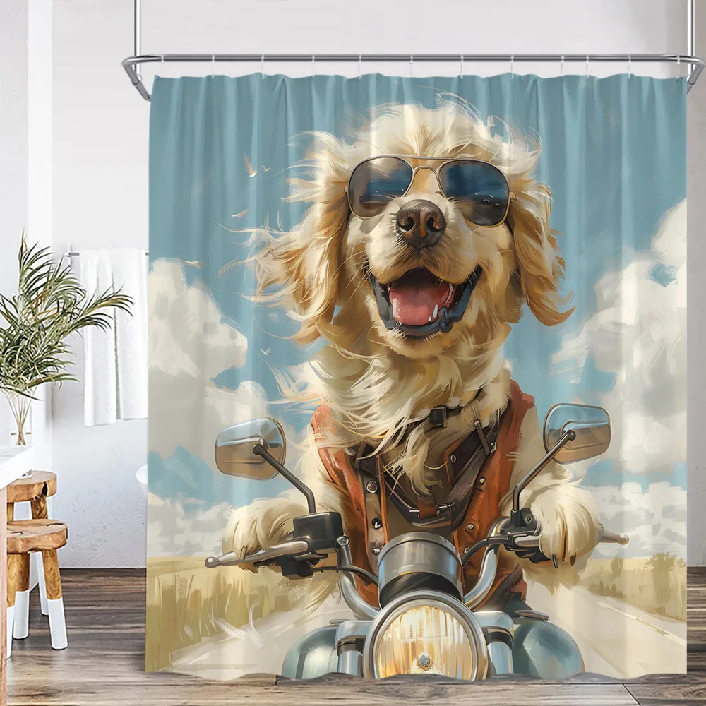 Funny Dog Shower Curtain Animal Print Hello Summer Home Decoration for Bathroom Polyester Fabric Bath Curtain with Plastic Hook