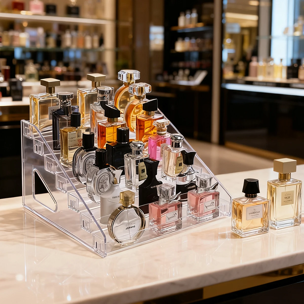 Estante de exhibición de escritorio para perfume, hebilla tipo escalera transparente, lápiz labial, productos para el cuidado de la piel, estante de exhibición para tienda de cosméticos, 1 ud.