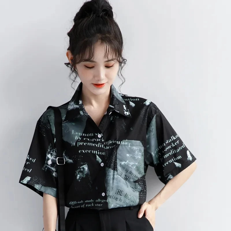 Aesthetic Letter Print Short Sleeve T Shirt Loose Black Cool Vintage Y2K Clothes Summer Blouses Woman 2023