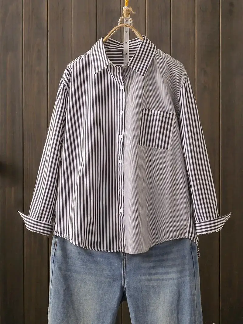 

plus Size Spring Autumn Cotton Shirt Striped Long Sleeve Slimming Base Layer Fashionable Top for plus Size Women Korean Style