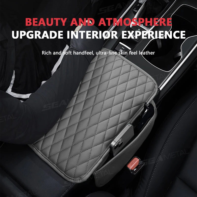 SEAMETAL PU Leather Car Arm Rest Cushion Anti Scratch Armrest Protection Cover Center Console Box Protector with Storage Pocket