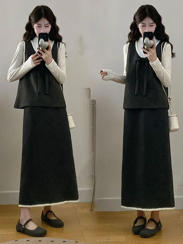 

plus Size Woolen Vest Top Bottom Three Piece Set Women's Fashion Retro Korean Style Spring Season High Waist Skirt Ensemble