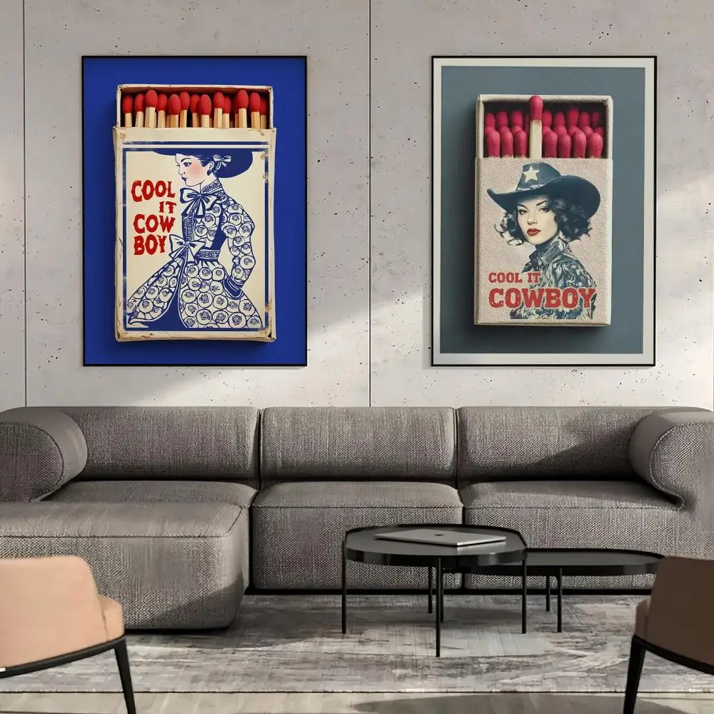 Cool It Cowboy Canvas Poster Matchbook Coastal Cowgirl Chinoiserie Western Blue White Home Decor Gift Painting Calligraphy
