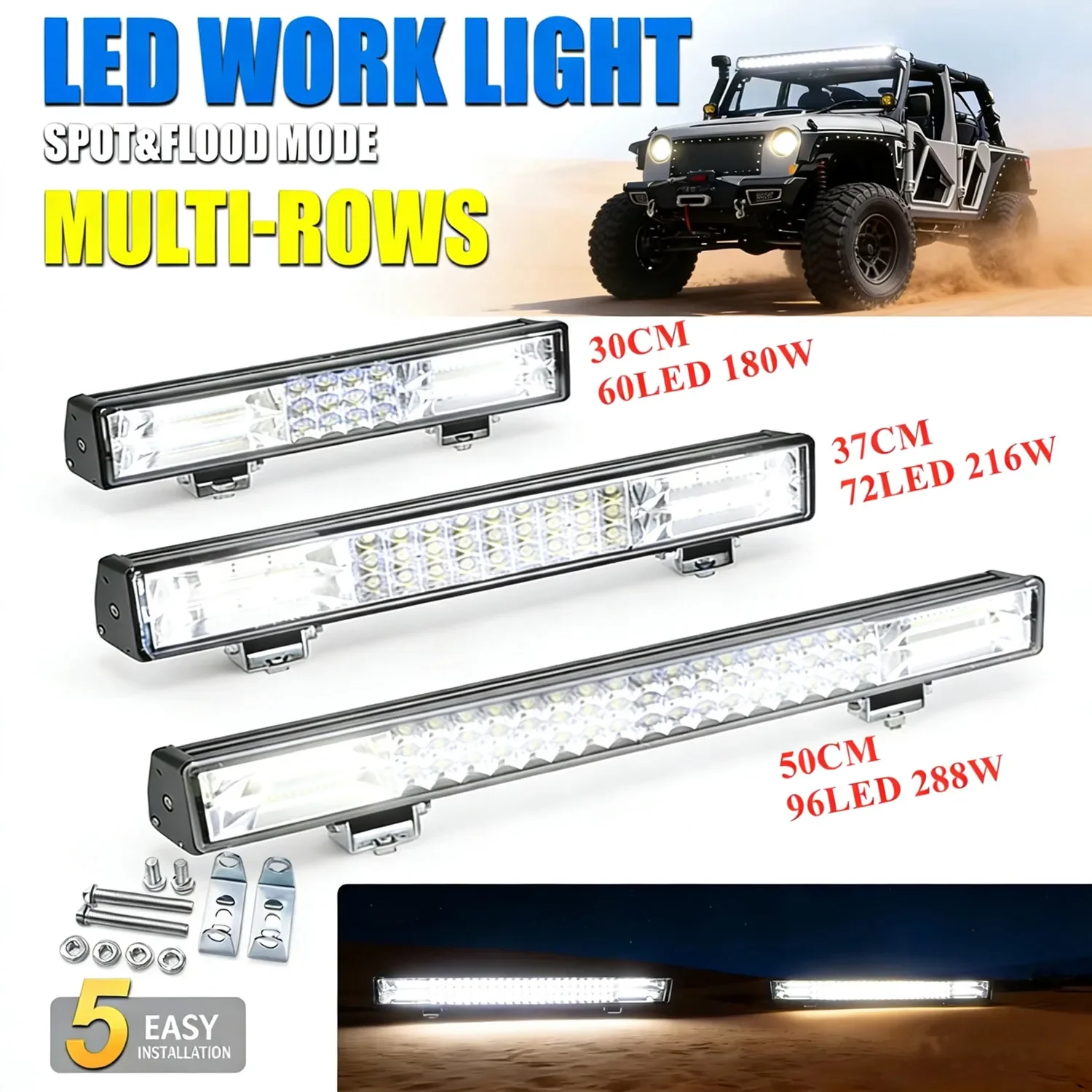 3 Rows LED Light Bar 180W 216W 288W Spot Flood 6000K LED Bar 12V 24V for 4WD SUV ATV Pickup Truck LED Work Light Driving Lamp