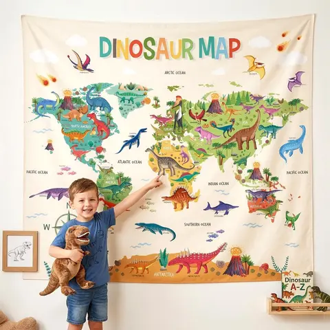 Dinosaur World Map Wall Tapestry Educational Kids Nursery Wall Hanging Jurassic Dino Art Tapestry Bedroom Living Room Decor