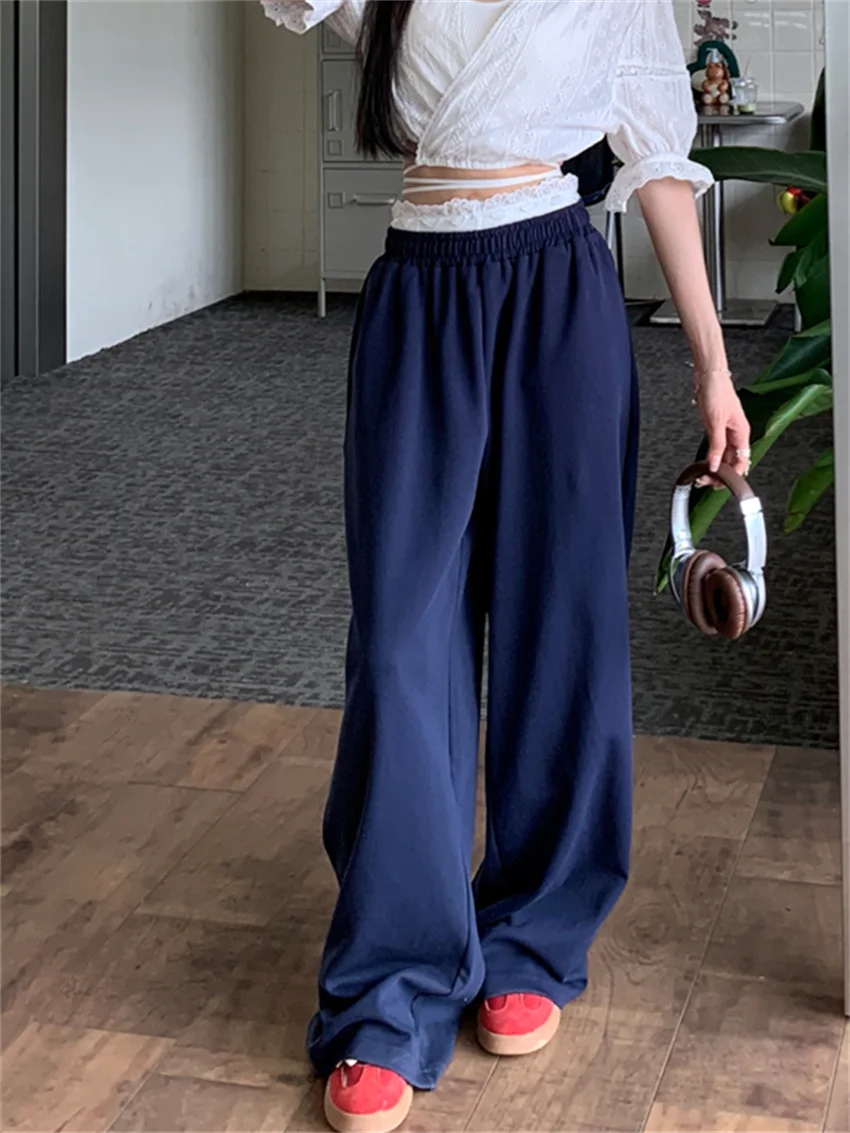 PLAMTEE Blue Casual Trousers Chic Women Loose Wide Leg All Match Fashion Slim Summer High Waist 2024 Streetwear Daily Solid