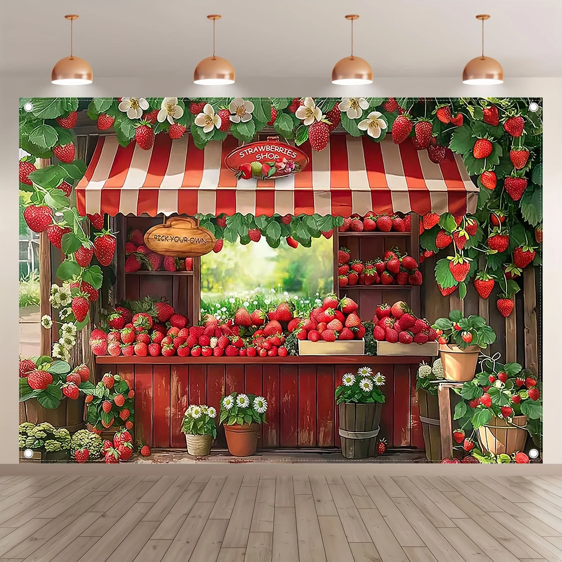 7x5 Fuß Holz Erdbeer Shop Hintergrund, rustikale Feld Stil Foto Hintergrund Tapisserie, rustikale Wildblumen Party Banner