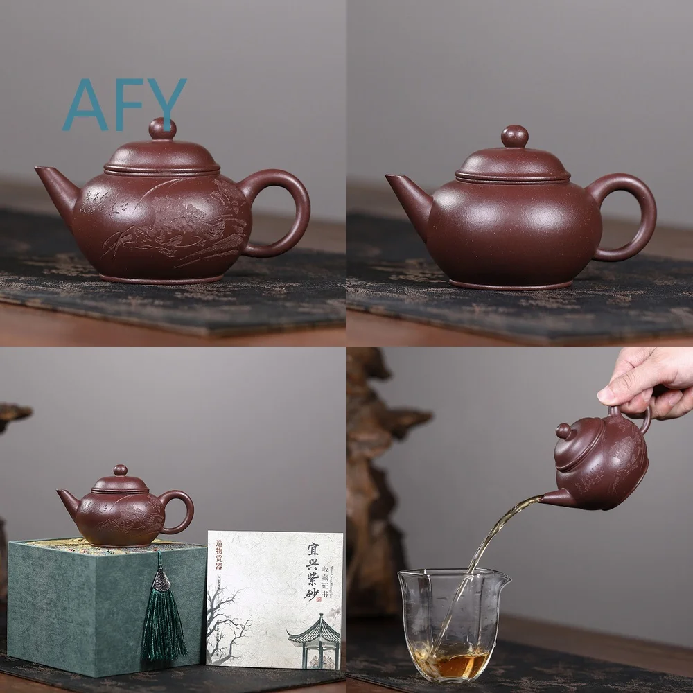 Handmade Yixing Zisha Teapot for Tea Houses and Exhibitions Made from Authentic Zini Clay with Mesh Filter and Horizontal