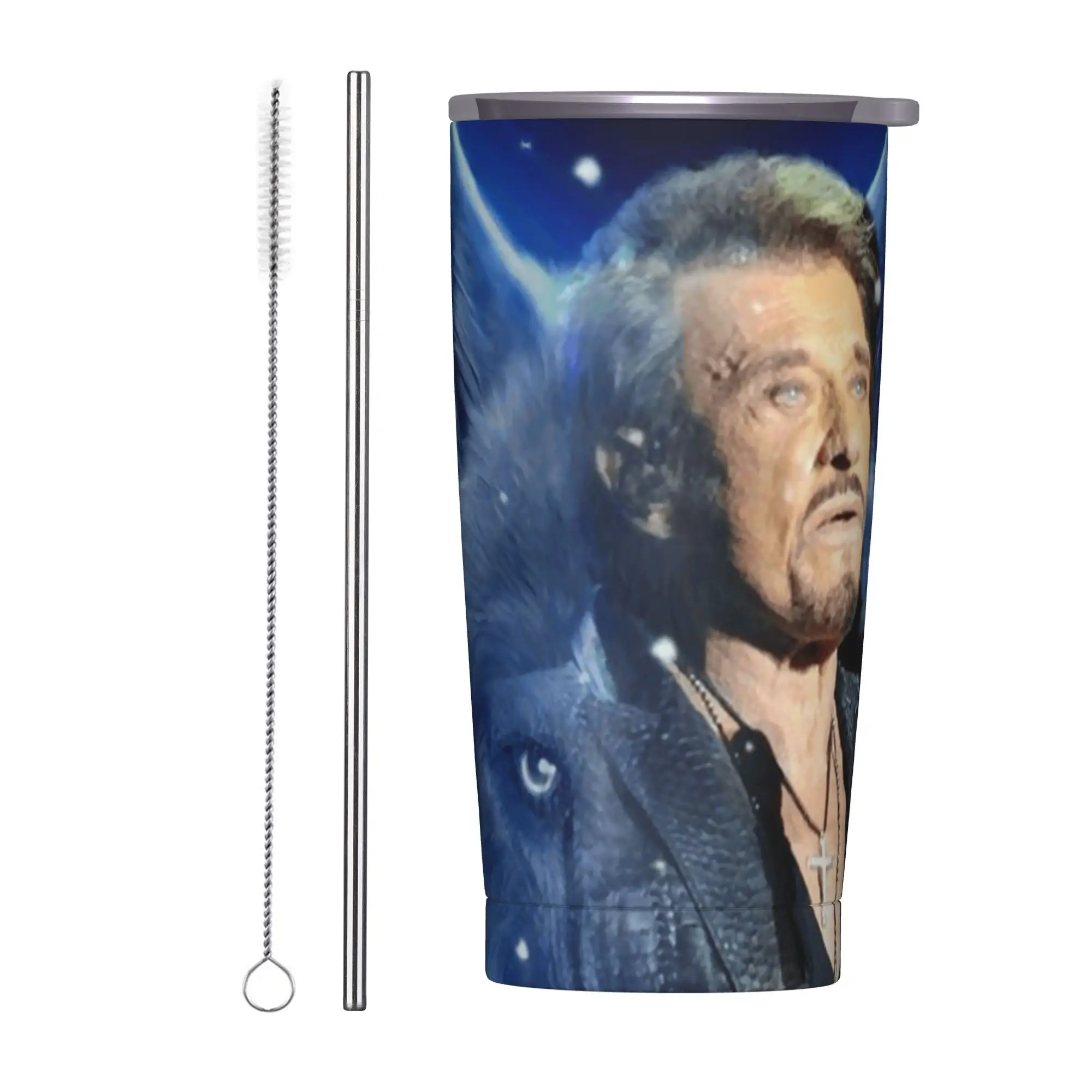 Johnny Hallyday Wolf Insulated Tumbler with Straws Lid French Singer France Vacuum Thermal Mug Office Home Car Bottle Cups, 20oz