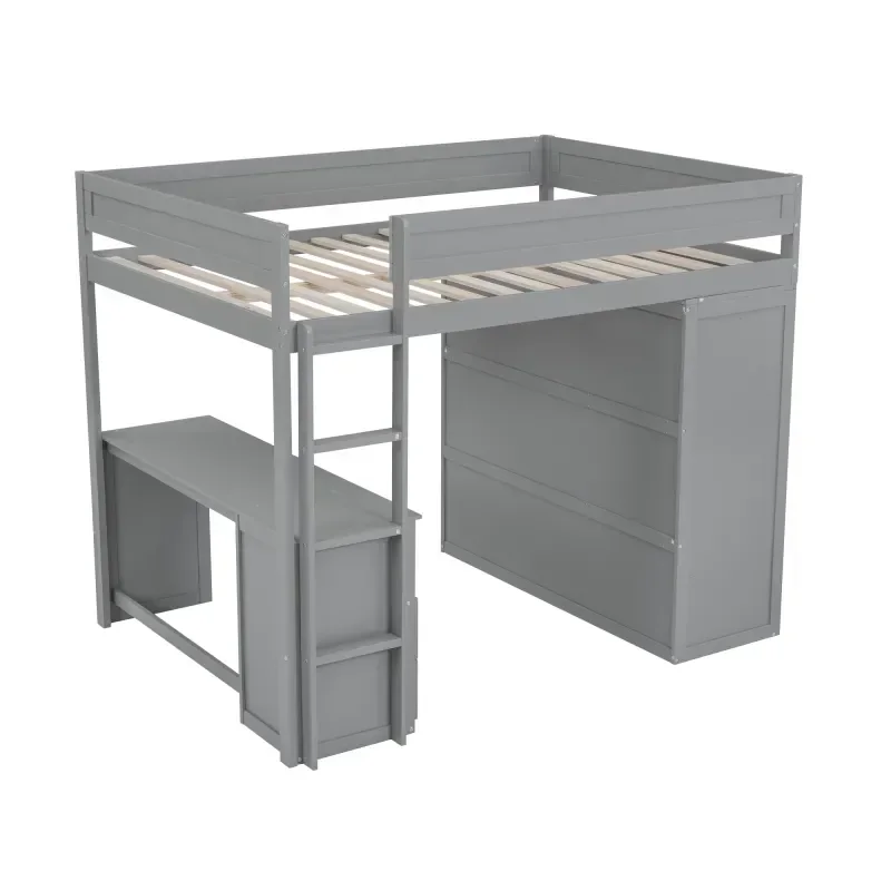 

Nordic Loft Bed Wood with Wardrobes and 2-Drawer Desk with Cabinet, Safety Barrier,for Children's Rooms and Bedrooms