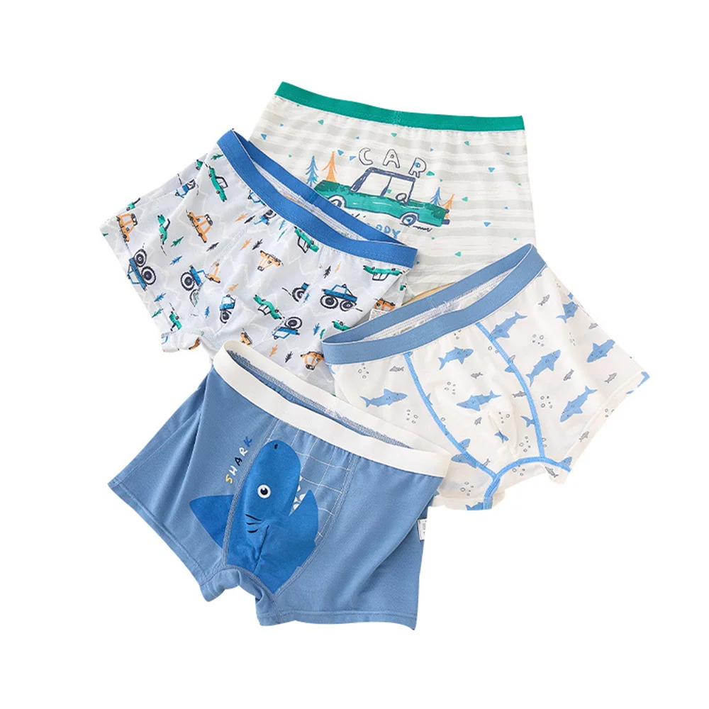Boys' 4-Pack Printed Boxer Briefs Blue & White Color Scheme with Car & Shark Cartoon Designs Comfortable Underwear for Kids