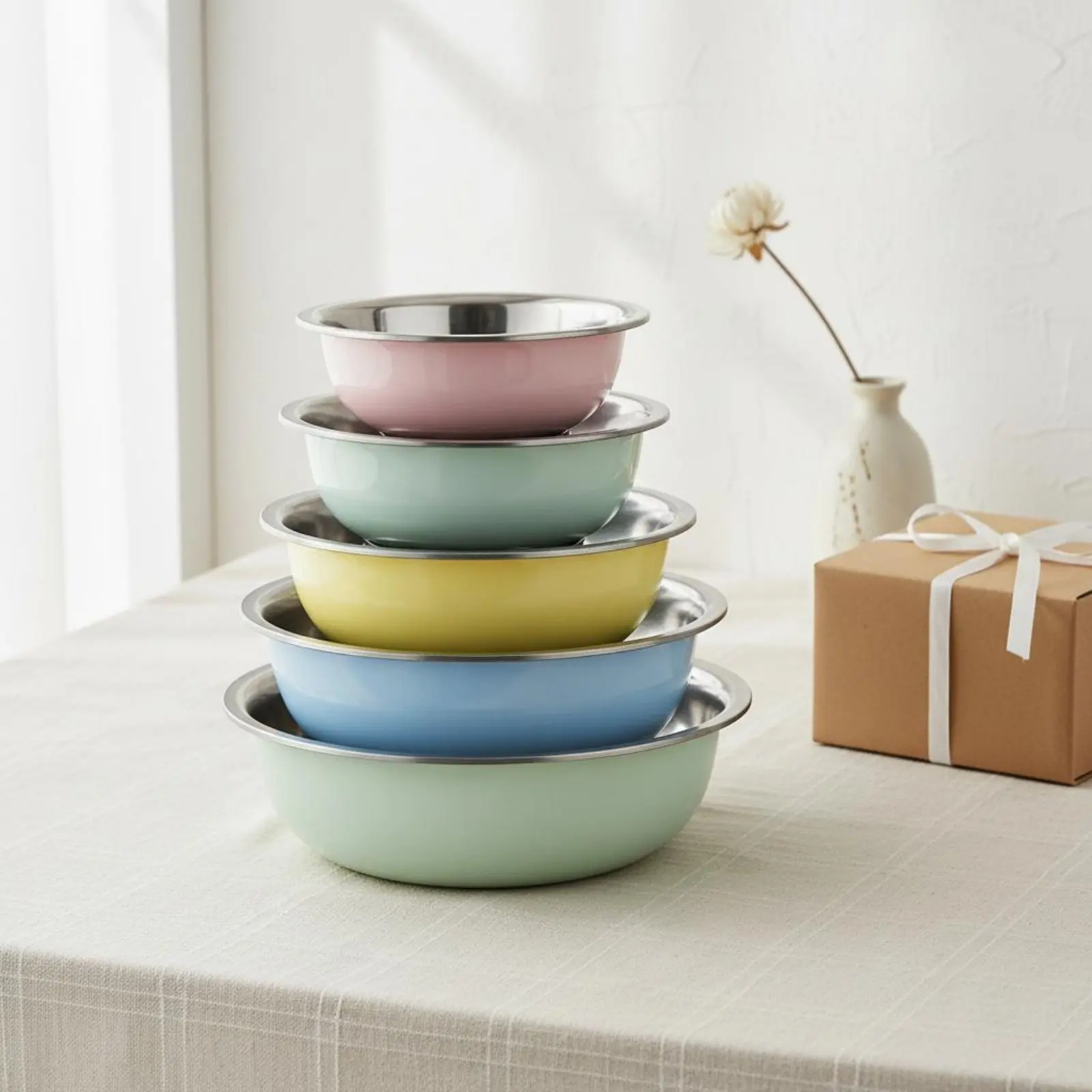 

5 Pieces Bowl Set with Colander Multicolor Metal Wash Bowls Household Storage Stackable Householdware Easy to Clean
