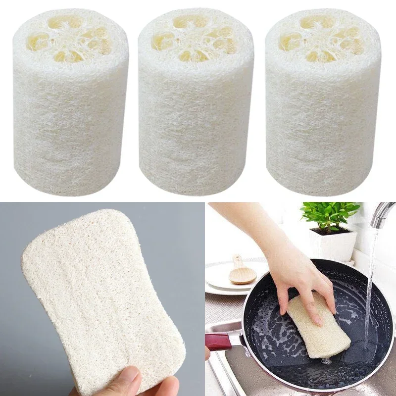 3pcs Natural Anti-oil Kitchen Loofah Sponge Scrubber Dish Bowl Cleaning Brush Shower Scrubber Kitchen Cleaning Bathroom Supplies