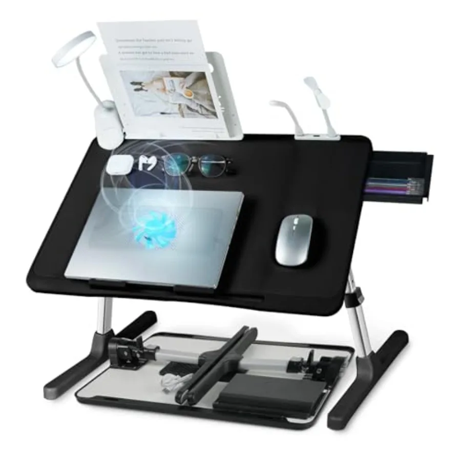 

Laptop lap desk for bed or couch use, black ABS plastic, adjustable height and angle, built-in cooling fan, LED light, USB port