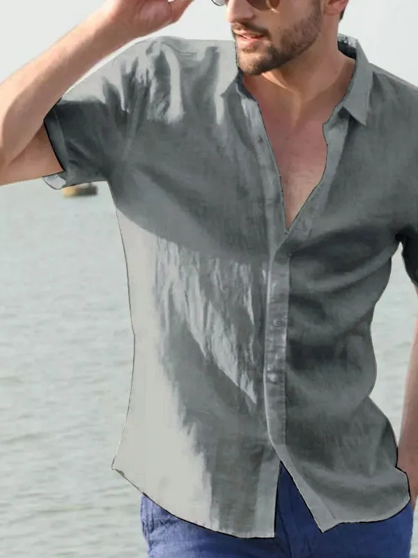 

Casual Men's ort Sve irt Pure Color Turn-down Collar Loose Fit Faion Urban Sle Summer Thin Polyester Youth Commute...