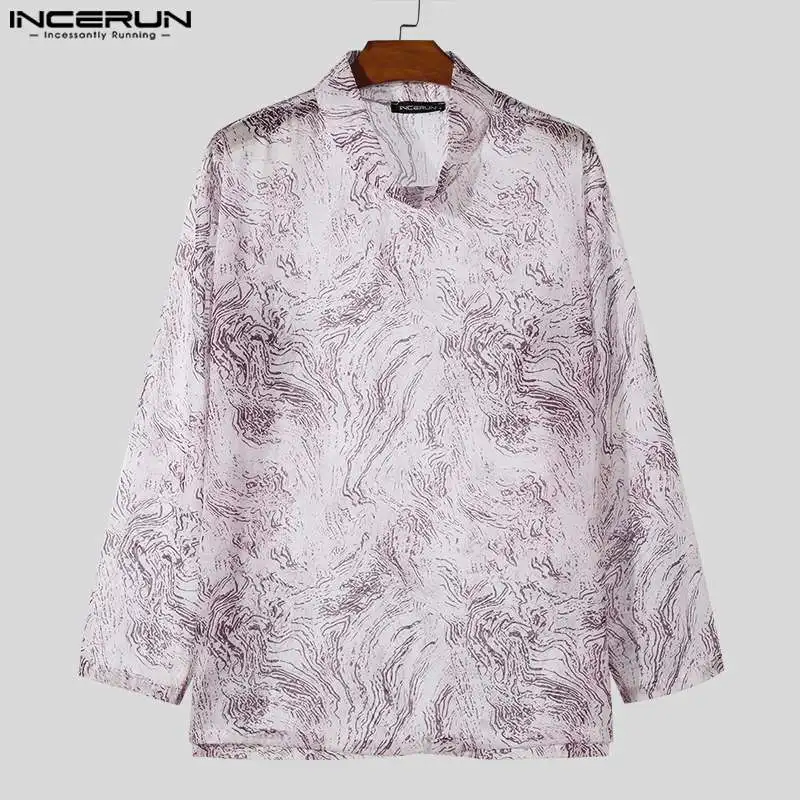 INCERUN Tops 2024 Korean Style Men\'s Fashion Semi High Neck Fluid Printed T-shirts Casual Streetwear Long Sleeved Camiseta S-5XL