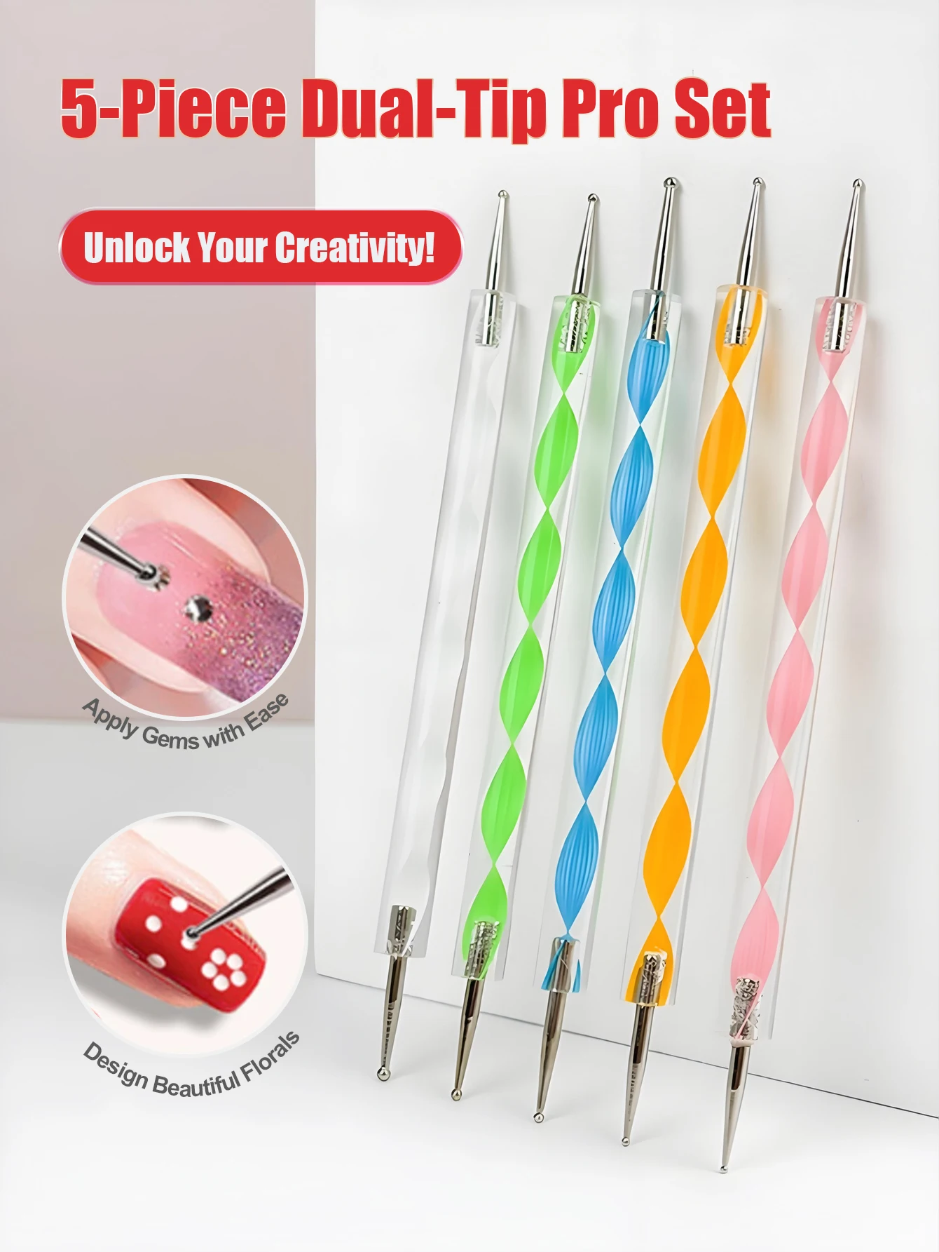 5pcs Nail Art Brushes Set Dotting Pen Detailing Brush Dotting/Dripping Tool Double-Ended Dotting Tool Polka Dot Brush