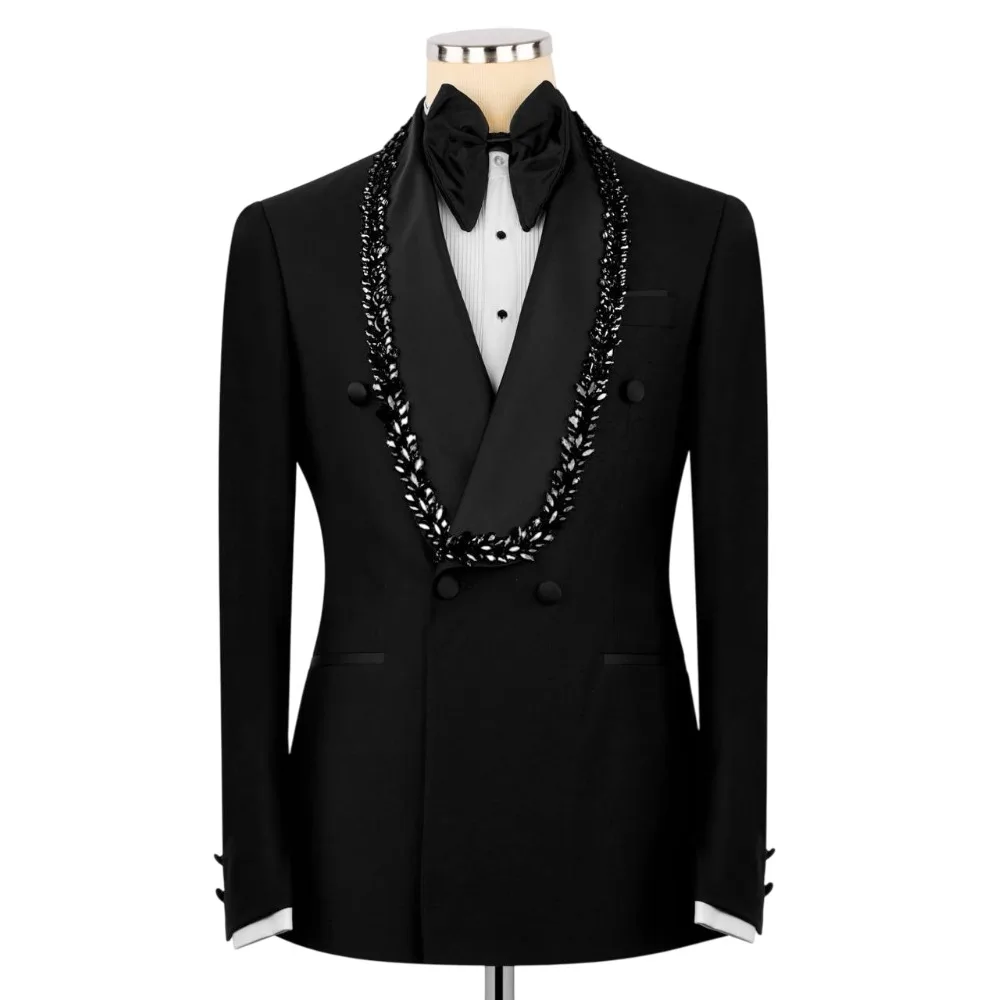 Designer Crystal Men's Wedding Suit Blazers Shawl Lapel Tuxedos Double Breasted Jacket For Male Groom Wear Only Coat Customized