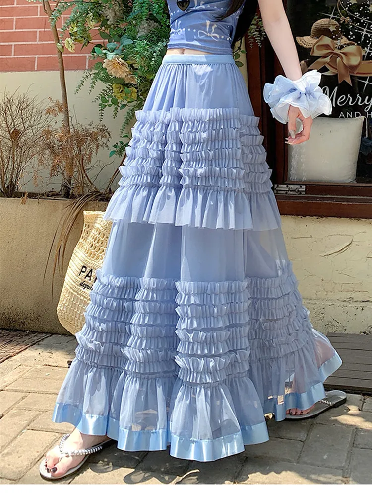 

Elagant Solid Splicing Cascading Ruffled Mesh Cake Skirts for Women Casual Pleated Loose A-line Skirts Summer New 2025 Female