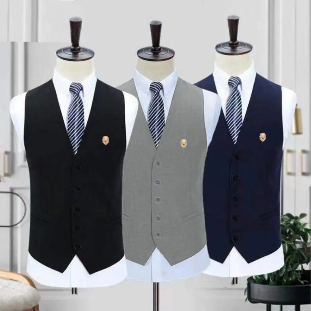 Men Suit Vest Top Slim Fit Solid Color Sleeveless V Neck Single Breasted Formal Waistcoat with Brooch Business Wedding Dress