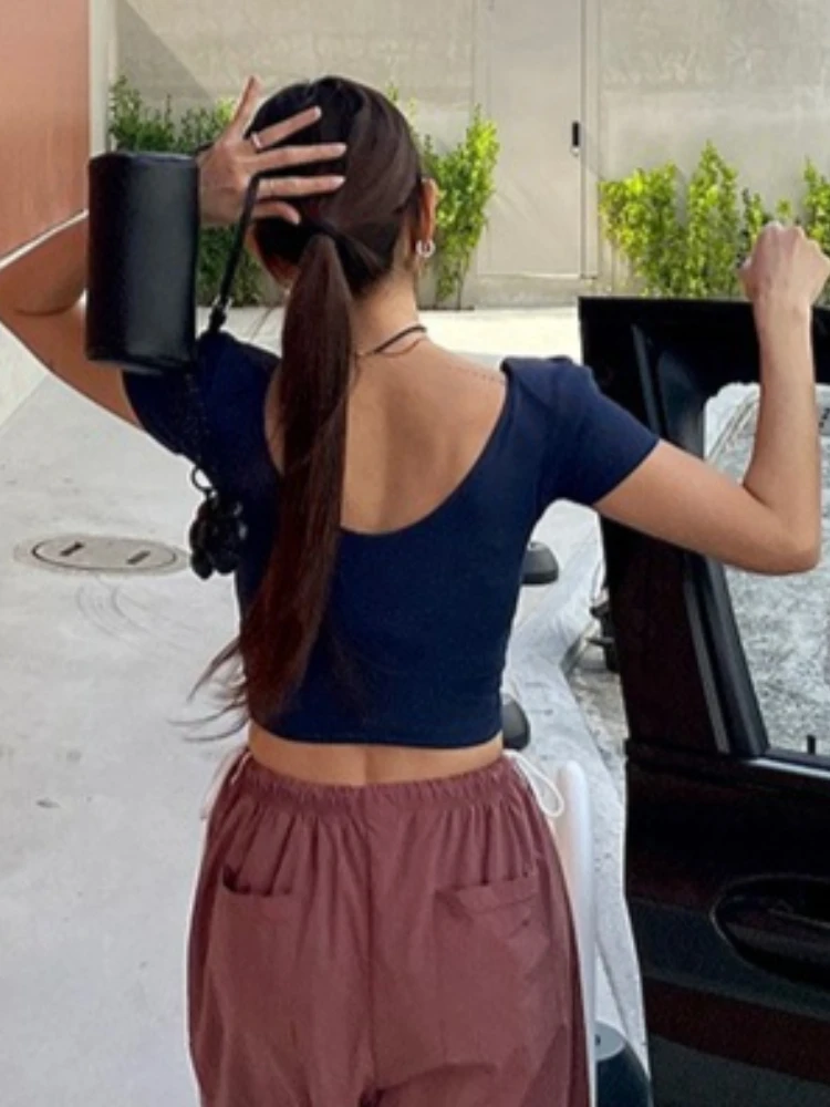 Korean Women 2026 Summer Sports Casual Crop Top Double U-Neck Short Sleeve Shoulder Pad T-shirt Solid Slim Simple Versatile Tees