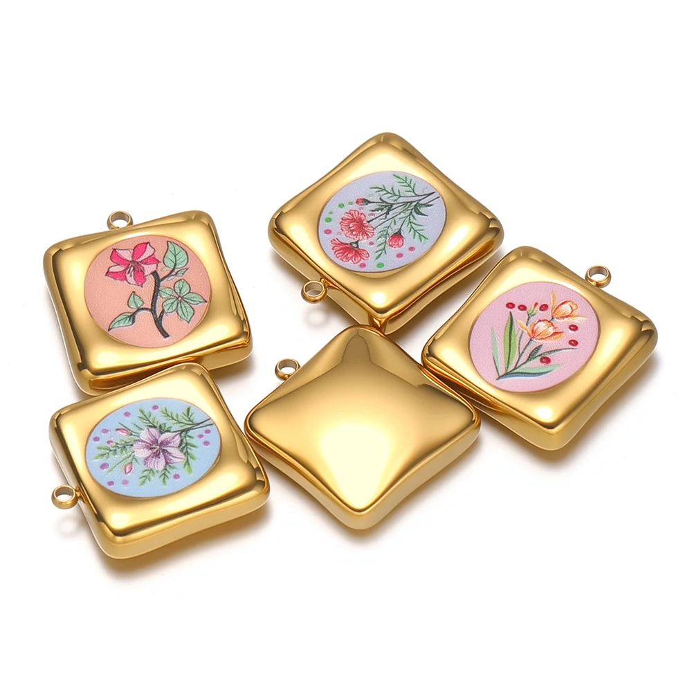 4 Stück Edelstahl 17mm Quadratische Emaille-Blumenanhänger für Damen Armband Ohrringe Material DIY Schmuck Halskette Charms Herstellung – Detail 1