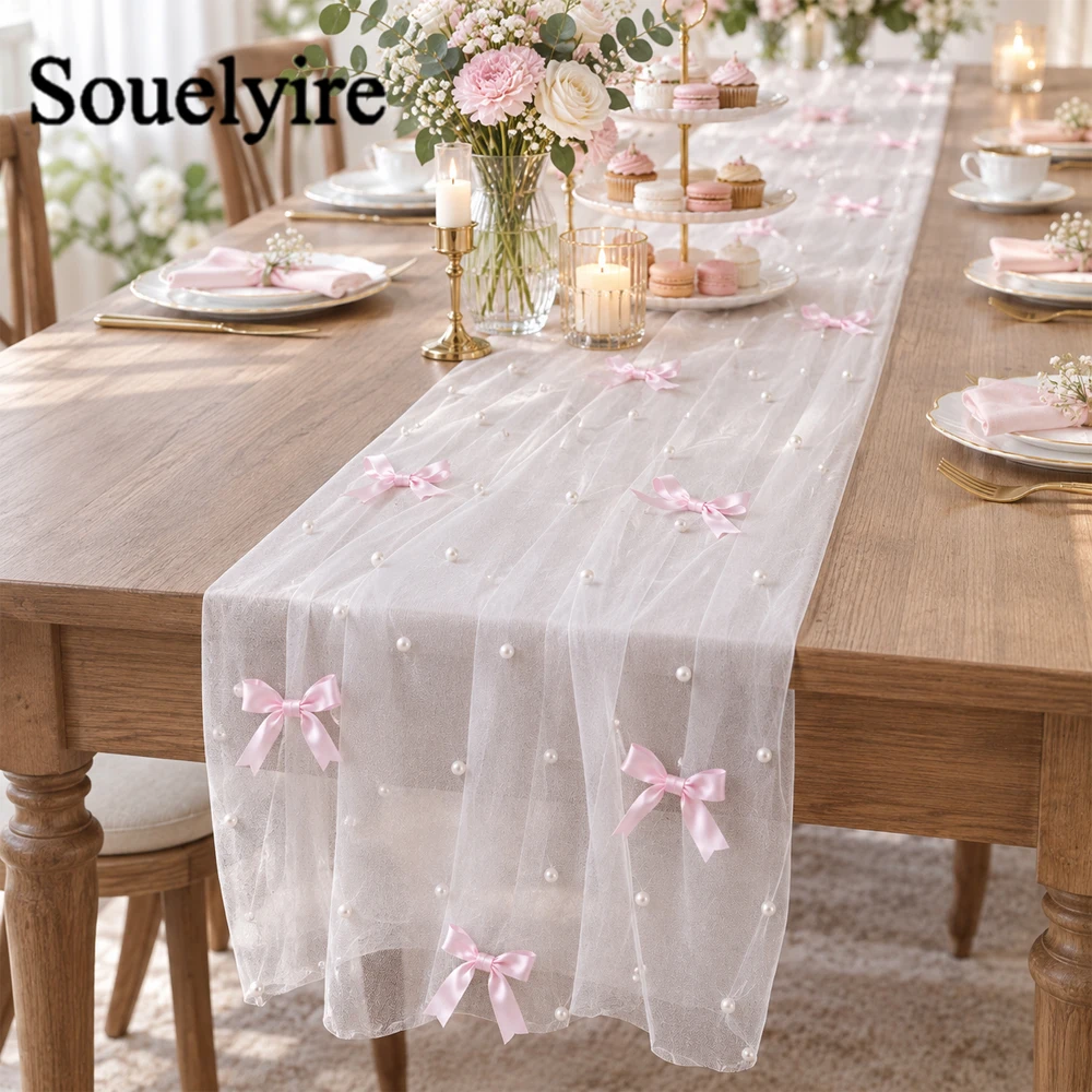1pc Decorative Tulle Table Runner with Satin Bows & Pearls, for Banquet, Baby Shower & Party Layout