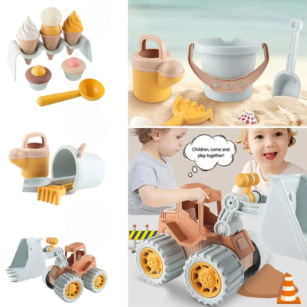 Creative Digging Sand Wheat Straw Bulldozer Sand Toys Set Beach Game Ice Cream Cake Model Bucket Waterkettle Shovel