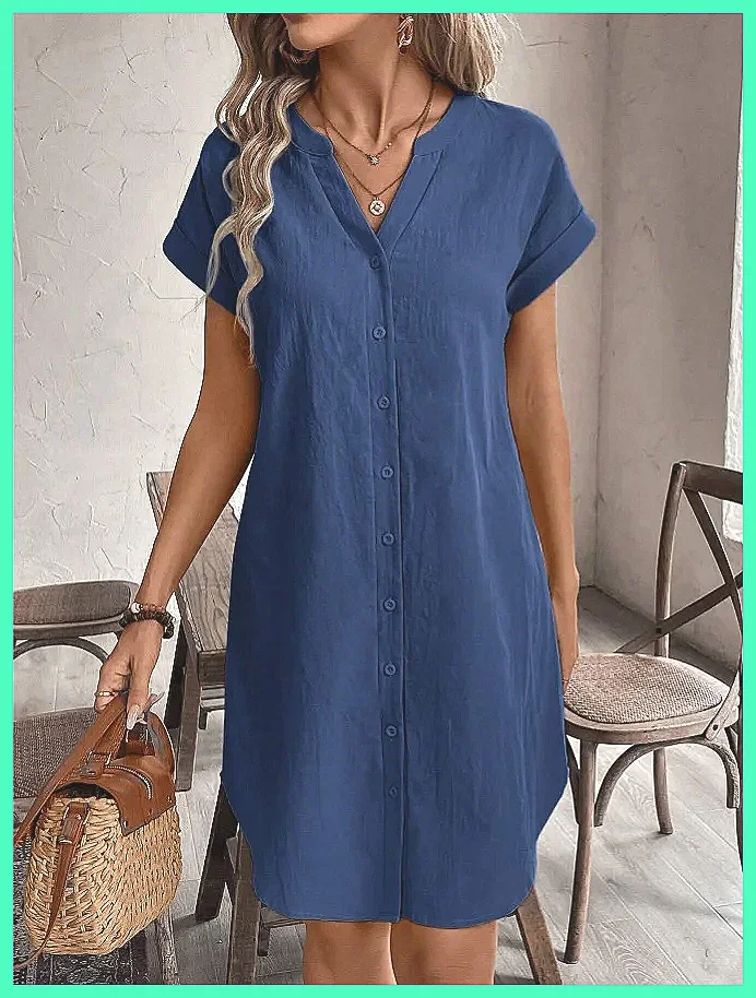 

2025 Summer Women's Cotton Dress V-Neck Half Sleeve Loose Casual Office Wear
