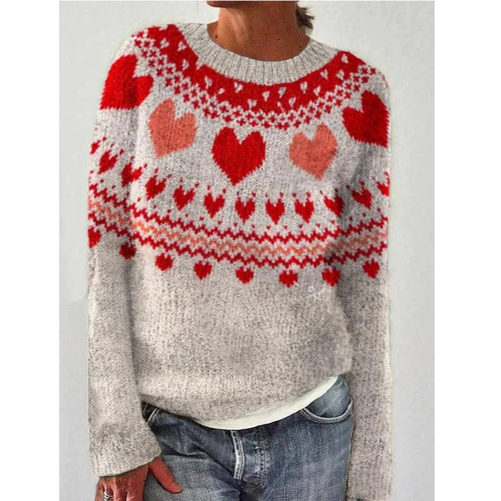 

Winter Clothes Women 2024 New Year Sweater Snowflake Vintage Loose Jumper Red Long Sleeve Knitted Pullover Holiday Tops