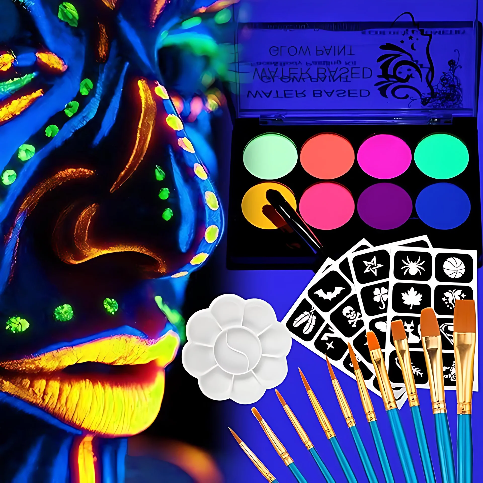 8 Colors Neon Glow in the Dark Face & Body Paint Set-Water Activated Body Painting Palette,Fluorescent Neon Makeup for Festivals