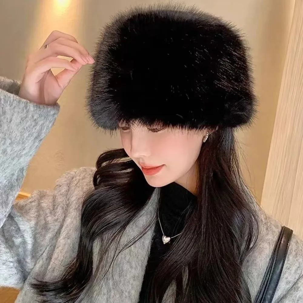 

Fashion Plush Fluffy Fur Bucket Hat Warm Ear Protection Panama Cap Soft Furry Snow Ski Cap Winter