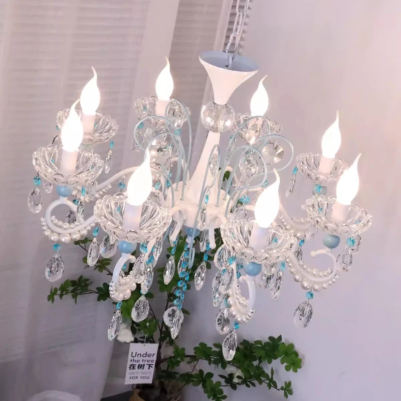 French Dream Blue Crystal Chandeliers Girl Bedroom Lamp Modern Romantic Warm Children's Bedroom Princess Room Crystal Chandelier